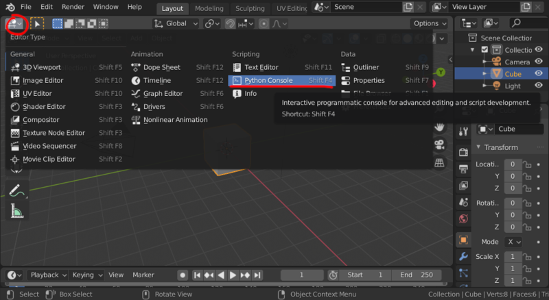 How to switch to Blender Python console mode